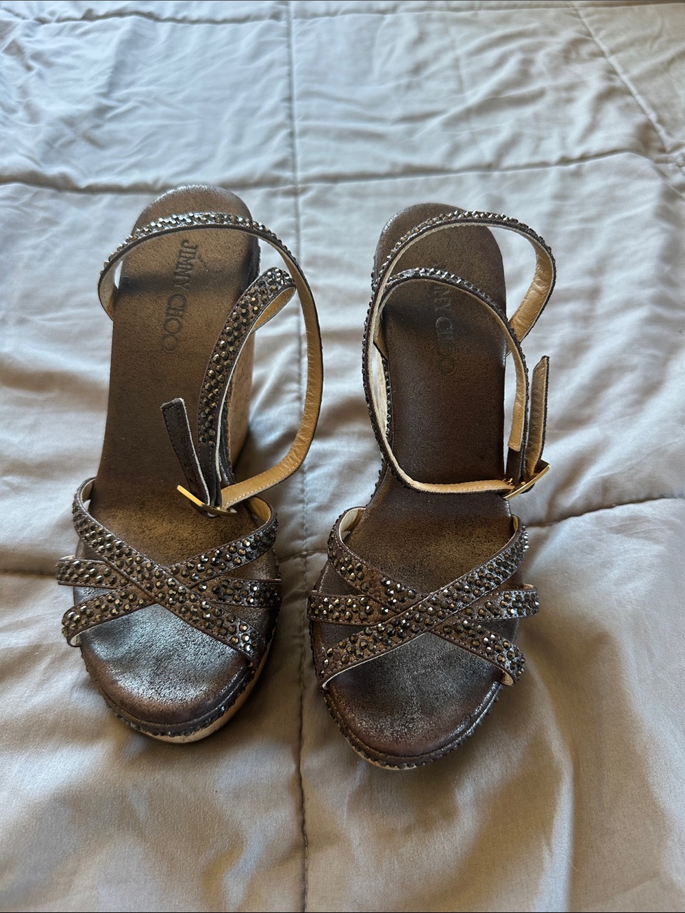 Jimmy Choo Brown Metallic Crystal-Strap Heeled Sandals